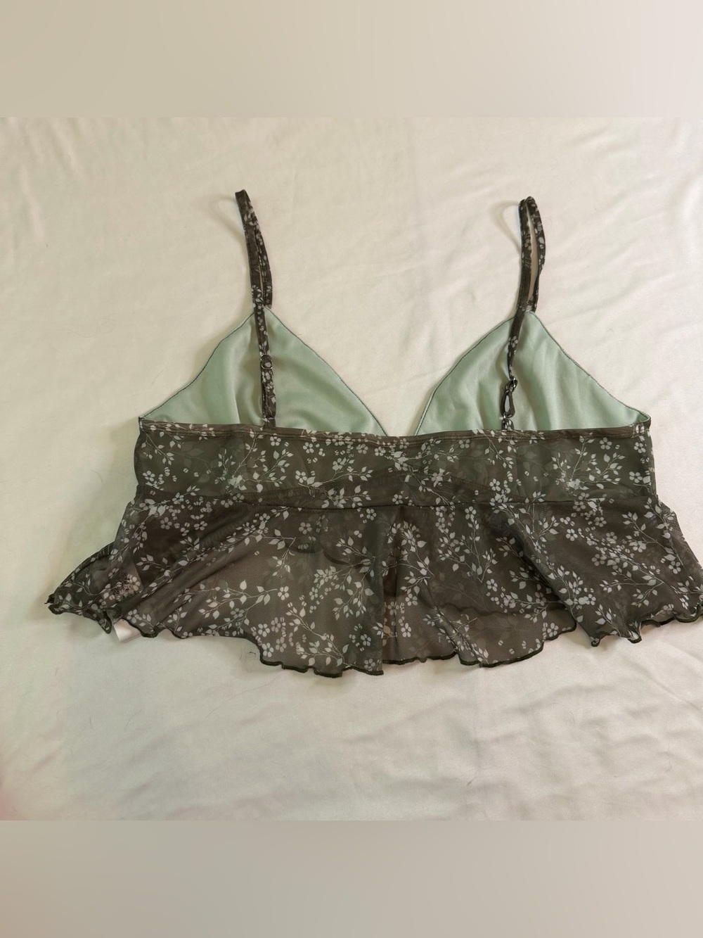 Cider Floral Mesh Ruffle Cami XL Green Sheer Babydoll Crop Top Cottagecore - Picture 3 of 6